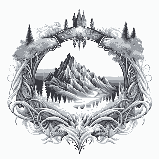 fantasy crest of a large wintry kingdom surrounded by mountains, pencil art, logo, vector, white background
