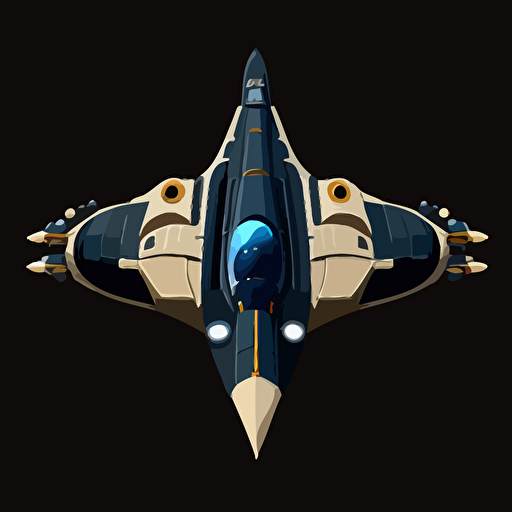space ship on black background, blue with beige accents, top-down view, clean, simple, no shadows, vector