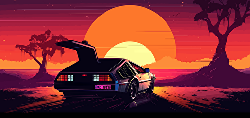 tycho cover art style delorean with sunset in background, vector, neon colors