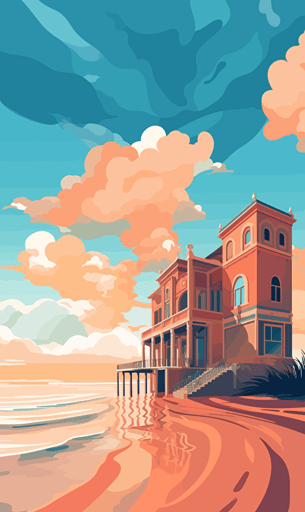 building on the beach, sea, sky, orange and blue, simple vector art style,