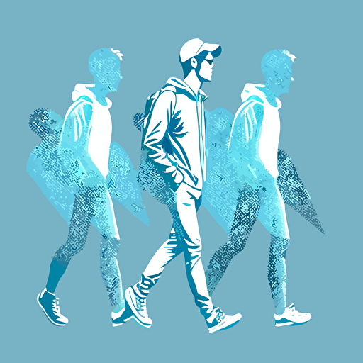 3 young man, Freewheeling, Empowerment, gray color, light blue background, simple design, vector style, white outline over silhouette