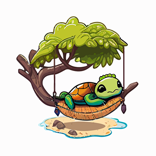 cartoon seaturtle hammocking, vector, sticker, white background