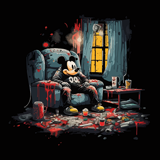 sad, melancholy mood, obese Mickey mouse sitting on couch watching TV in his boxers. Giant burger on the table. Trashy apartment. High detail. 16k. Vector image. Drawing. Black background. Five o clock shadow. Melting. Paint splatter. Drips.