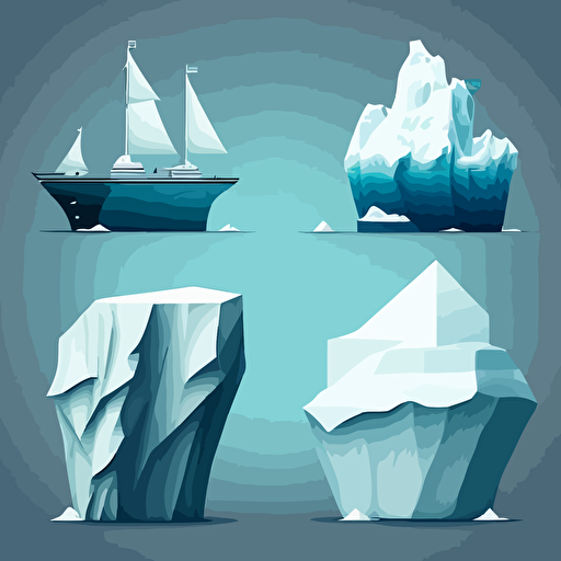 On the left side, four icebergs of different sizes in a row, one sinking ship from hitting an iceberg, another ship with a hexagon logo on it on the right side of the picture, in the ocean, vector image