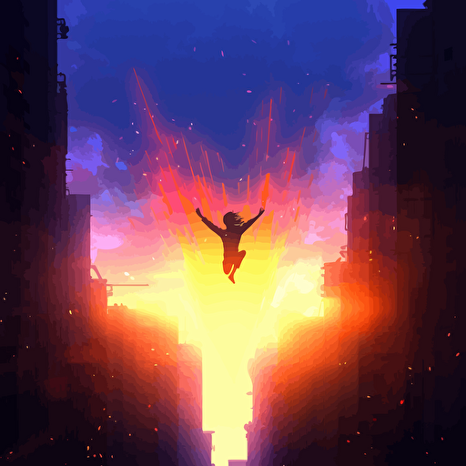 levitating above burning city,theater stage,neon light,,Aurora Laser,Axel Vervoordt,vector illustration, minimalist illustrator, silhouette of a person extreme sports, dynamic posture