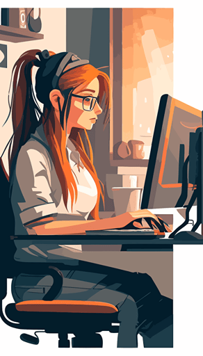 modern female small business owner working on computer at desk with slight smile vector art style