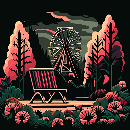 the scene is a errie 2d illustration in a wooded area, vacant, shrubs, trees, bushes, roses, empyt chair facing forward, a hill in the background by a city landscape, high dark gloomy clouds, broken carnival rides in the distance, vector logo, vector art, cartoon, in martiros saryan style and colors