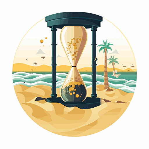 a beach scene inside a sand timer, sand changes to gold coins inside at the bottom, vector logo
