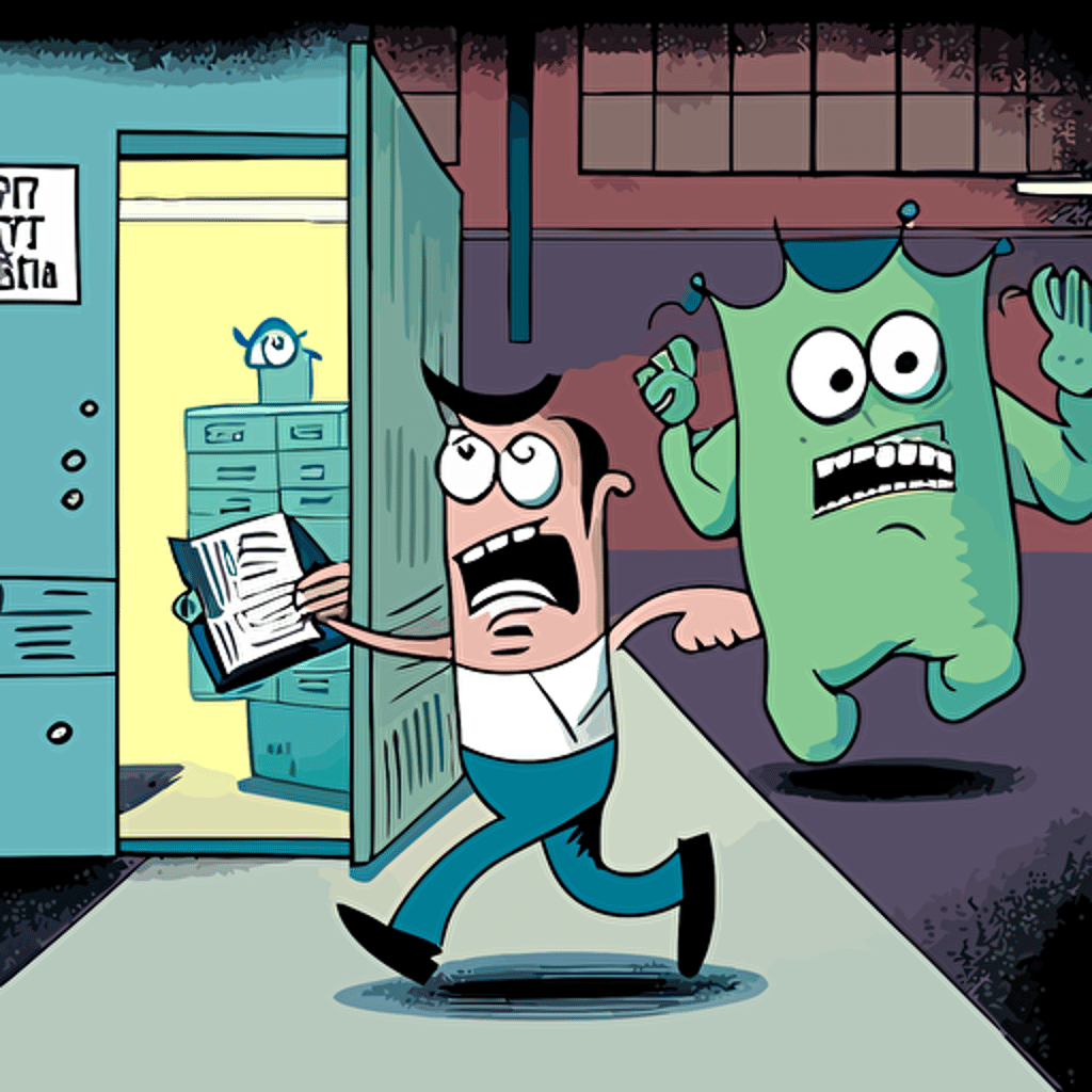 a terrified pharmaceutical factory worker followed by a monster folder, comics, vector.