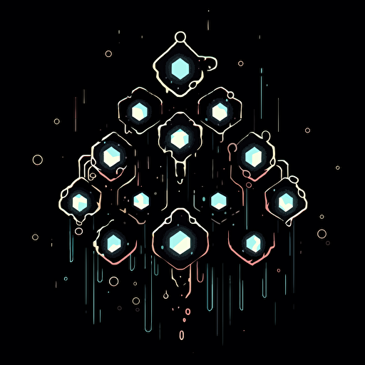 a simple vector logo of a neural network hexagon of elextric energy streams connected to little light bulbs, the object floating on a black background