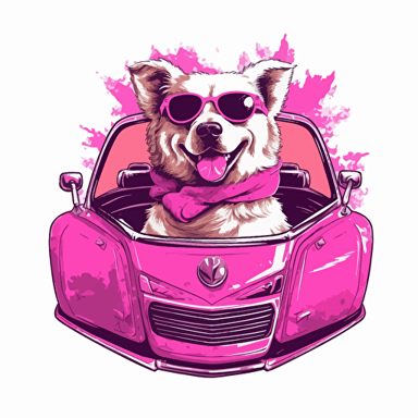 a vector image of a dog driving a pink convertible, logo vector illustration, the dog looks happy, chillin, enjoying the ride, the dog has sunglasses and looks really cool, isolated on white background