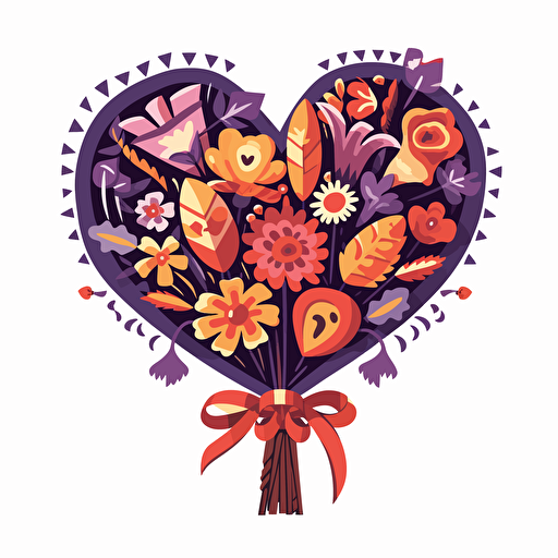 sinister-looking Texas-style Valentine's bouquet in vector art cartoon style, hearts, flat color, white background