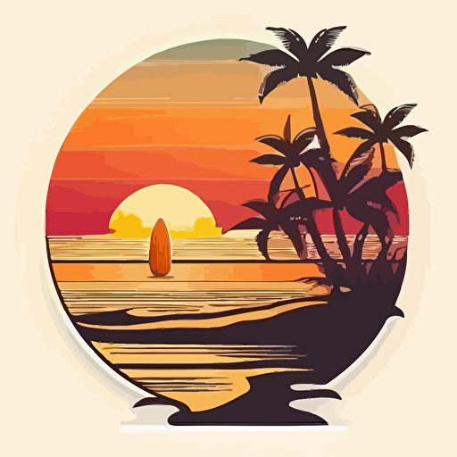create a wooden vector-style surfboard stuck in the sand of a beach next to palm trees and waves of water in a circle on white background simple and vector style very colorful with sunset