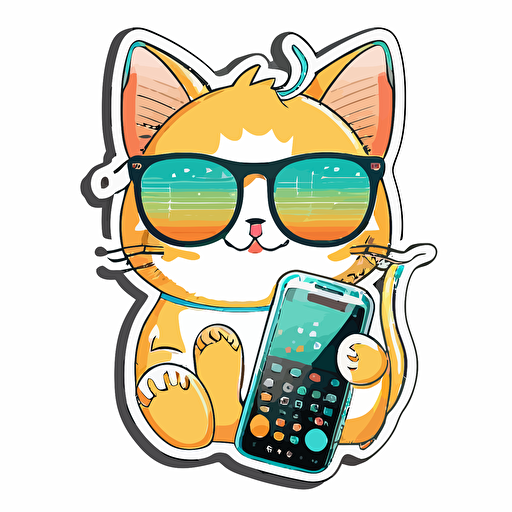 Kawaii cute happy cat wearing handphone sunglasses, professional Sticker vector, contur white background