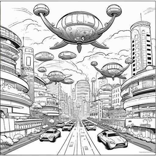 Futuristic City. Many Flying Cars. Cartoon. Coloring page. Vector. Simple.