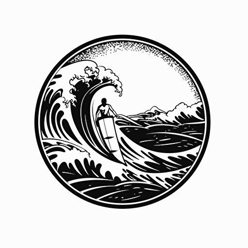 detailed surfing logo, black and white design, vector isolated on white