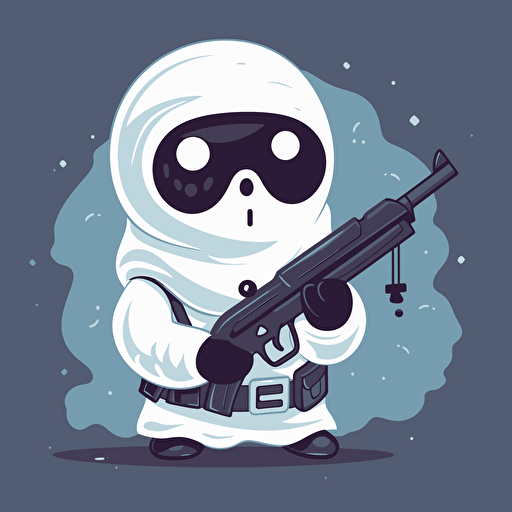 vector drawing of cute ghost holding a gun and wearing a ski mask,