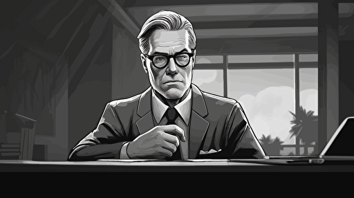 storyboard style, grayscale, vector drawing, shows serious looking CEO (age around 50 years) male sitting in modern meeting room alone, daytime, wearing expensive suit and glasses, holds ipad in front of his face, frowns, medium shot,