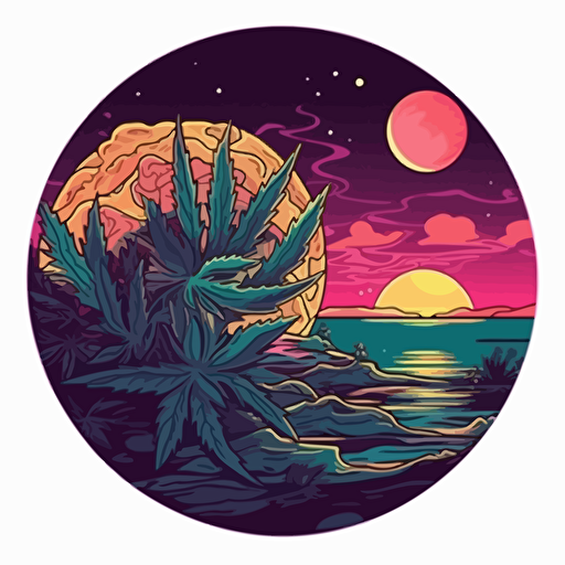 sticker vector design, trippy weed in the sea, white outline, highly detailed, planets, space, beach, light neon