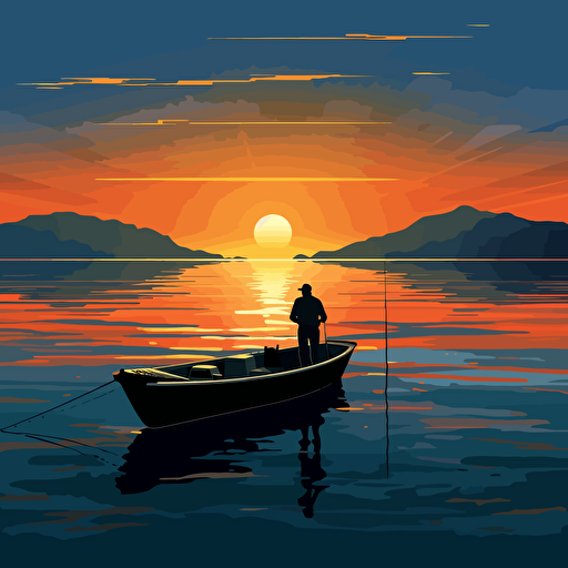 fishing man casting a fishing rod on a boat silhouette, beach background vector illustration, in the style of raphael lacoste, restrained impressionism, uhd image, r. kenton nelson, pensive stillness, high resolution, john mckinstry