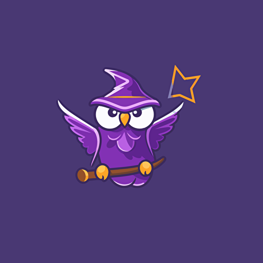 owl wizard, flying to the left holding on magic wand below, purple, dribbble style, vector logo, simple, flat 2d, company logo