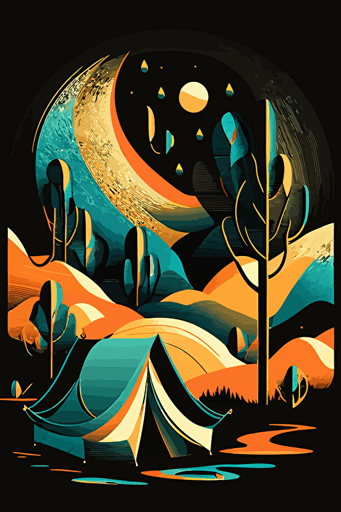 abstract camping, orange, green, khaki and blue colors, no text, pop art deco illustration, hand vector art, black background,