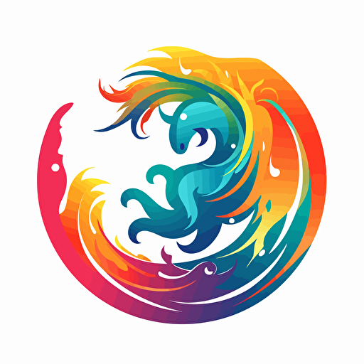 combination of unicorn and phoenix, colourful vector style, bending in itself, unicorn horn, phoenix tails, fire around it, in a roundel similar to the firefox logo