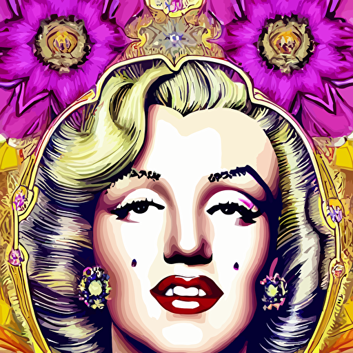 portrait glamourous young marilyn monroe art nouveau mandala wearing huge elaborate detailed ornate crown types realistic colorful flowers turban flowers sacred geometry golden ratio surrounded scattered flowers peonies dahlias lotuses roses tulips photorealistic face cinematic lighting rimlight detailed digital painting portrait headshot style alphonse mucha artgerm wlop peter mohrbacher william adolphe bouguereau cgsociety artstation rococo baroque styles symmetrical hyper realistic 8k image 3d supersharp pearls oyesters turban vibrant flowers satin ribbons pearls chains perfect symmetry iridescent high definition octane render maya houdini light shadows reflections photorealistic masterpiece smooth gradients blur sharp focus photorealistic insanely detailed intricate cinematic lighting octane render epic scene 8 k