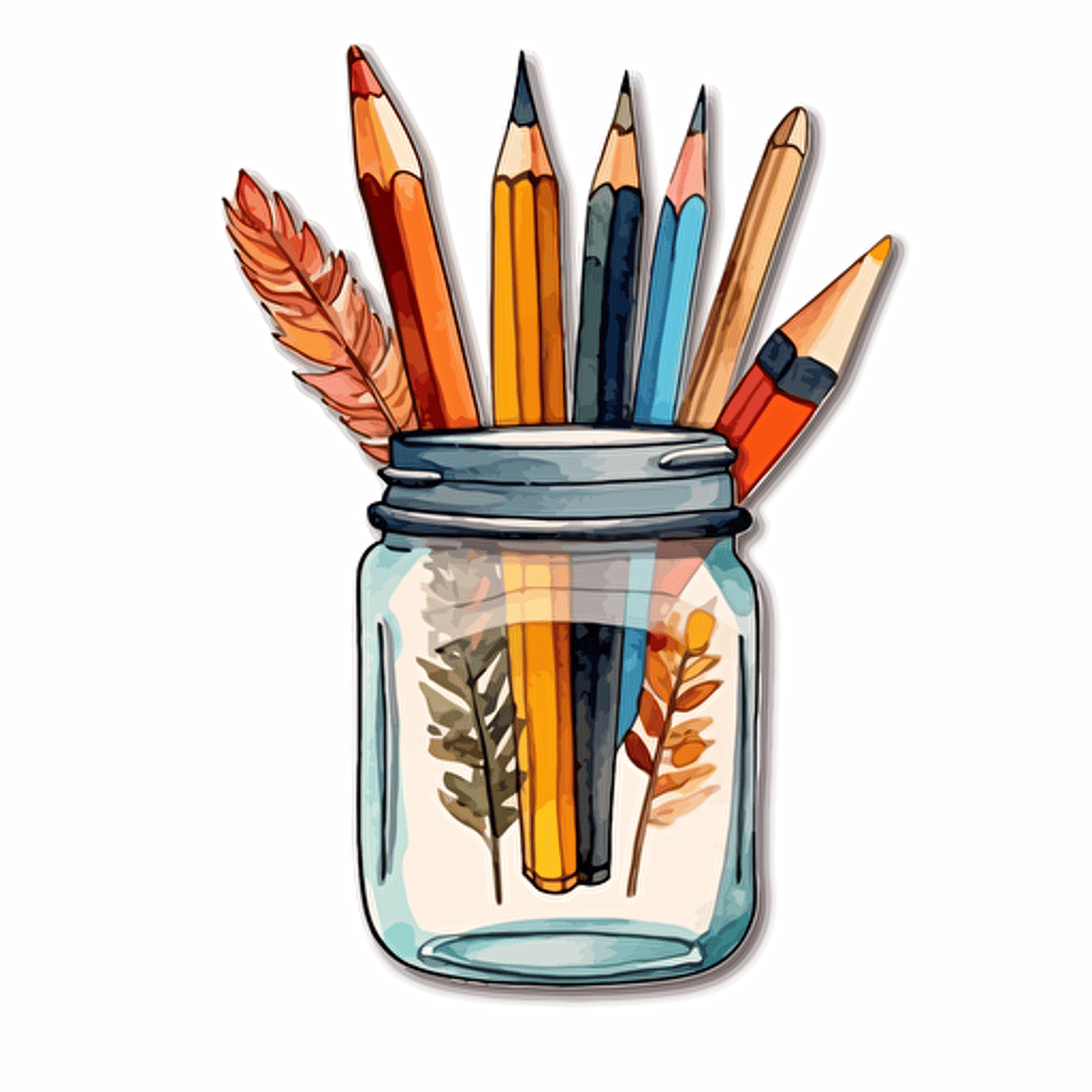watercolor vector illustration boho pencils and pens in a mason jar sticker white background