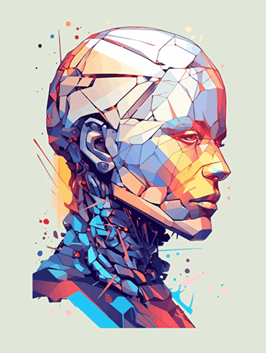robotic android with human brain, crisp coloring, vector logo, minimalist, pixelated, polygonal