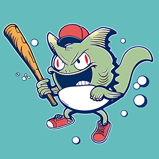 suckermouth catfish, baseball mascot, swinging an american baseball bat, simple vector, rubber hose cuphead style