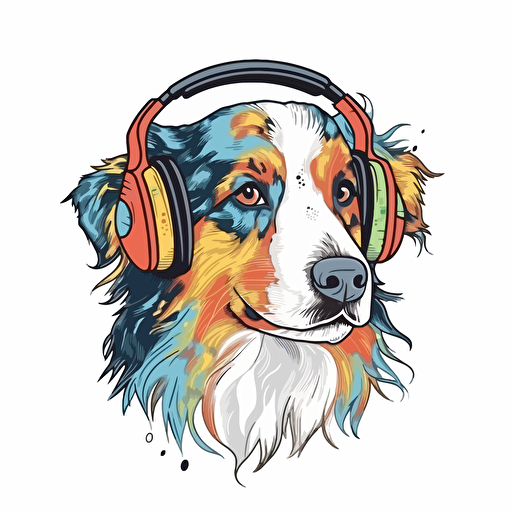 sticker, australian shepard wearing headphones, colorful, vector, contour, white background