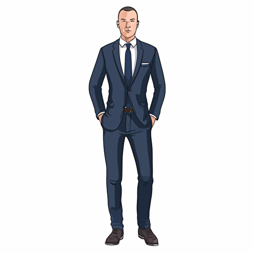 a flat vector image of a mannequin in a navy suit and tie, full frontal view. The pants and jacket are in a slim fit. He is wearing black lace-up shoes