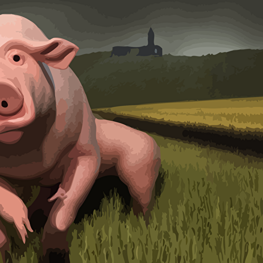 horrifying 3d render pig human hybrid monster human features charging hill burning small town white wooden church distance bloody wes craven 35 mm film stock