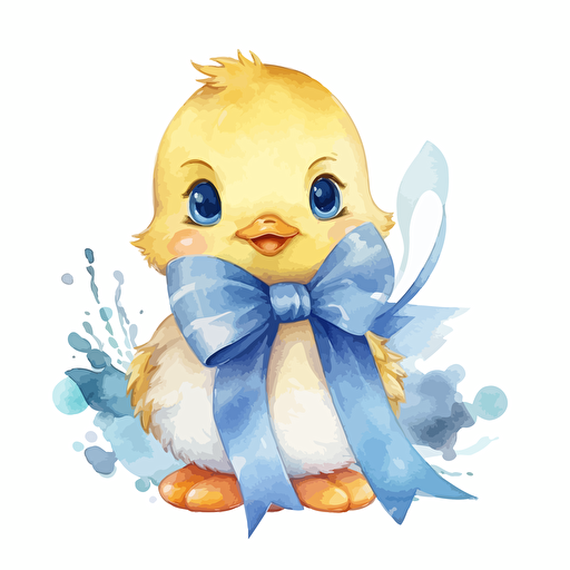 a cute baby duck wearing a blue ribbon, poses, vector collection with white background, with margins, watercolor, cartoon kawaii picture book style,