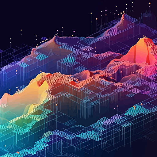 visualize multilevel data connection map as iridescent geometric overlay, isometric, vector shapes, nature terrain theme, magical