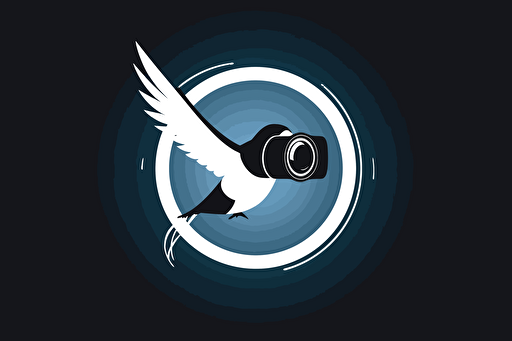 in the forground there is a swift bird flying fast, in background there is a DSLR camera, vector logo, minimalist, simple, two color, blue, white, black