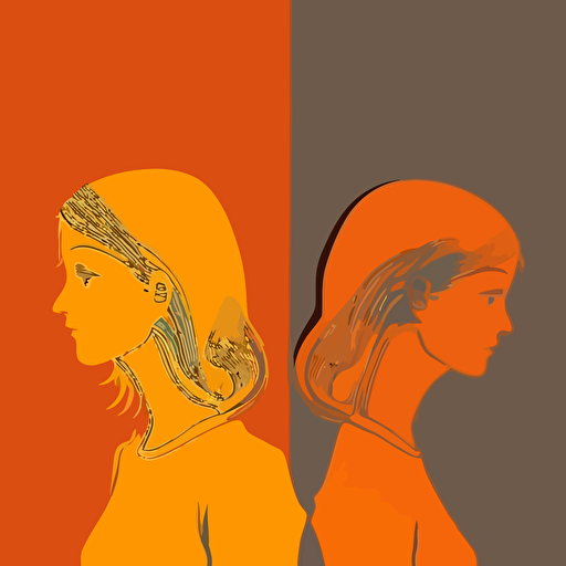 2 girl, Quirky, Introspection, gray color, orange background, simple design, vector style, white outline over silhouette