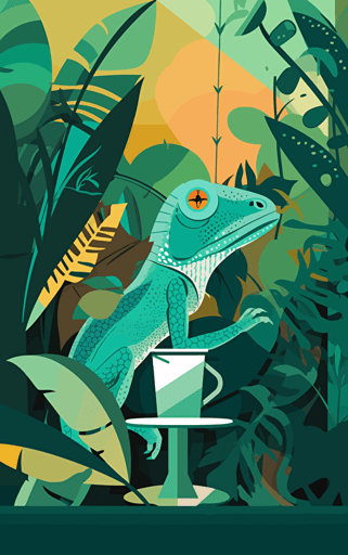 pop art collage illustration in the style of flat vector minimalism of an anthropomorphic lizard drinking tea in a rainforest cafe,