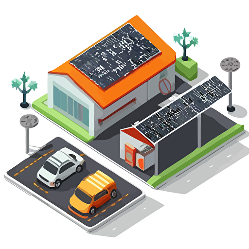 simple vector drawing, single color car repair shop with photovoltaic panels on the roof, white background, isometric view
