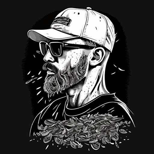 vector, black and white, man face with trucker cap, beard, pasta glasses, bald, 2d