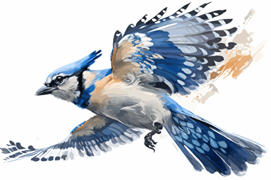Blue Jay flying, no feet, watercolored, white background, vector file, high resolution, great detail