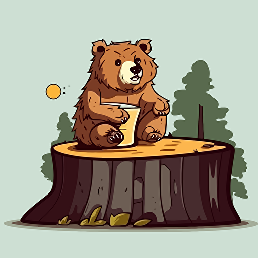 bear drinking coffee sitting on tree stump, cartoon style, vector logo