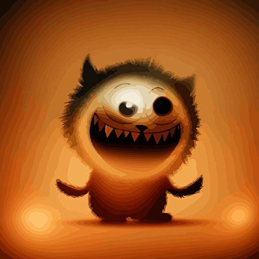 A scary baby fur monster, smiling, backlight, black background, vector art , pixar style