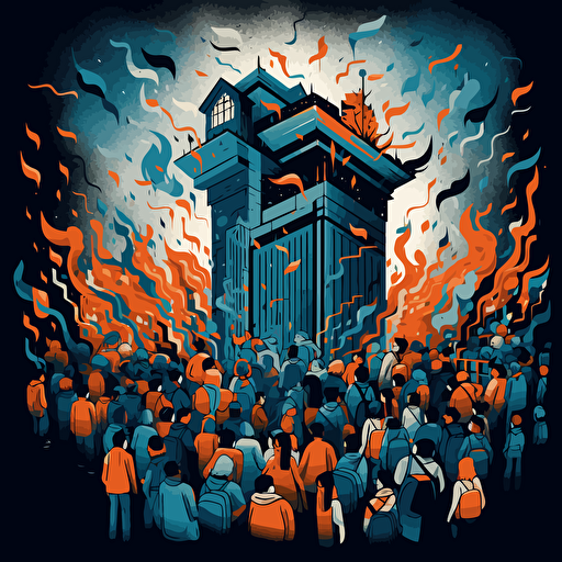 a vector image of education reaching many adults, blue and orange and dark gray, graffiti style