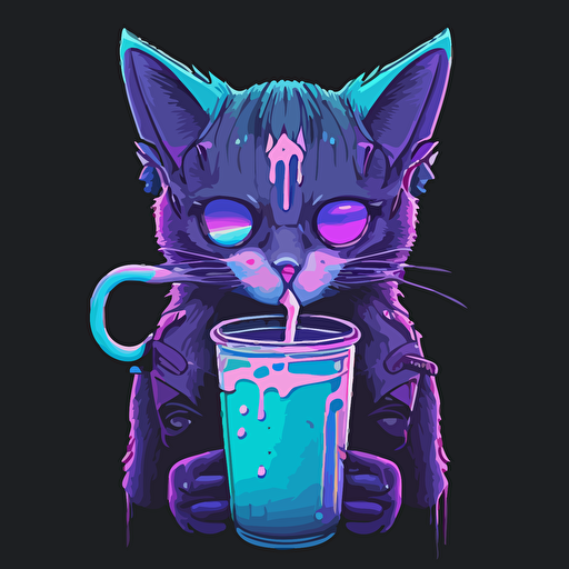 vector art, vectors, cyberpunk, neon, badass cyber cat drinking milk, face up close, menacing cute look, simple, 2d, pastel