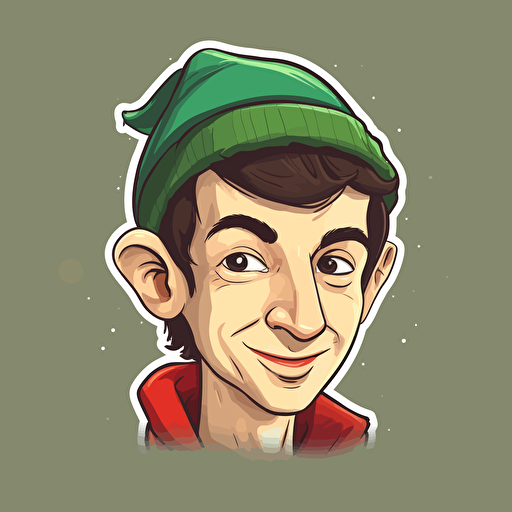 sticker design, super cute pixar Nathan Fielder wearing an elf hat, vector