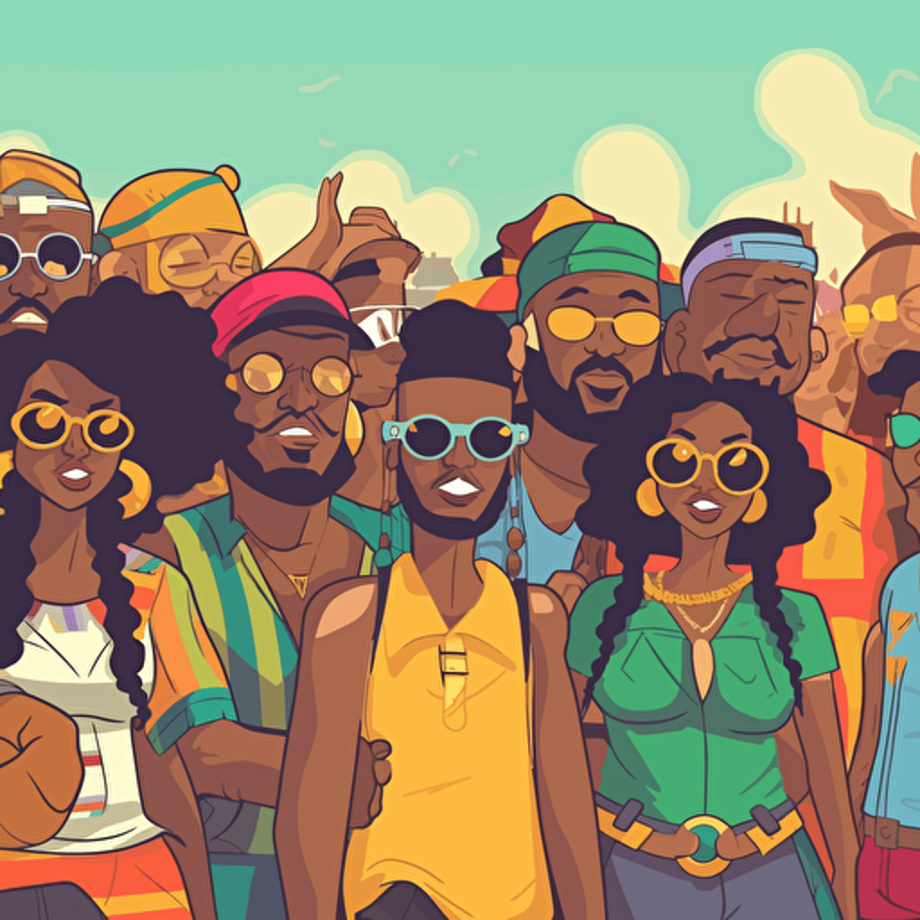 cartoon picture of a group of people at freaknik festival, black people, vector, svg