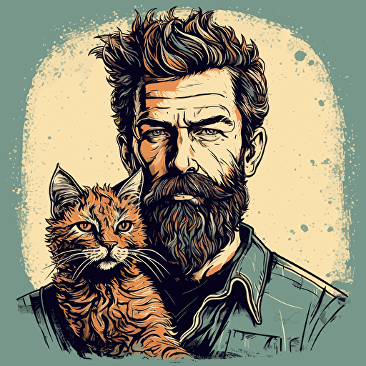 vector art style, 38 year old white male with salt and pepper beard, slick backed hair, holding a cat, in the style of Michael Parks