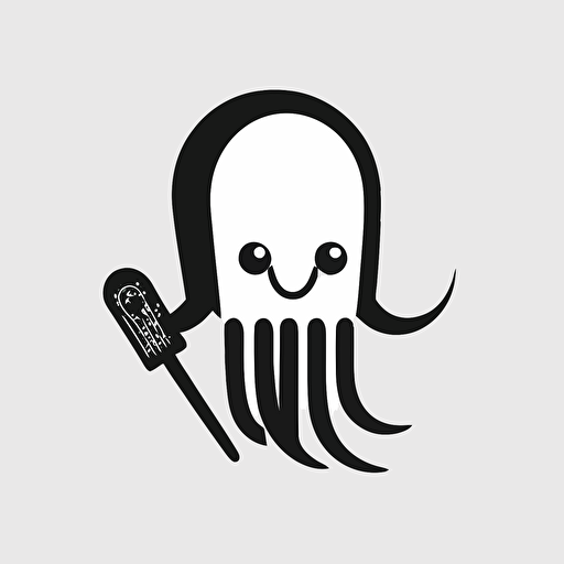 a logo of a smiling squid holding a feather, black and white, smooth, line, flat, vector